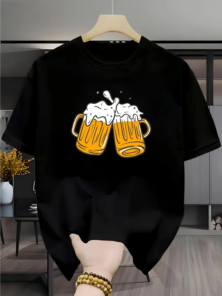 Cartoon Clinking Beer Mugs Graphic Mens Short Sleeve T Shirt Summer Crew Neck Lightweight Loose Casual Bar Party Street Tops