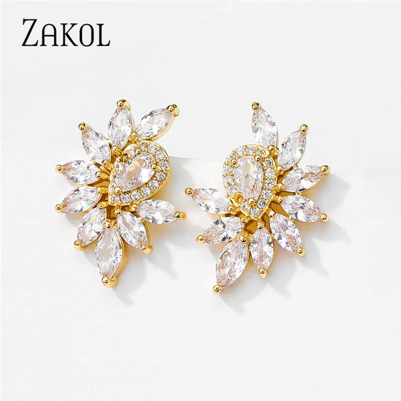 ZAKOL  Classic Luxury Leaf Drop Stud Earrings for Women Clear AAA Cubic Zirconia Charm Wedding Jewelry Earring EP2984