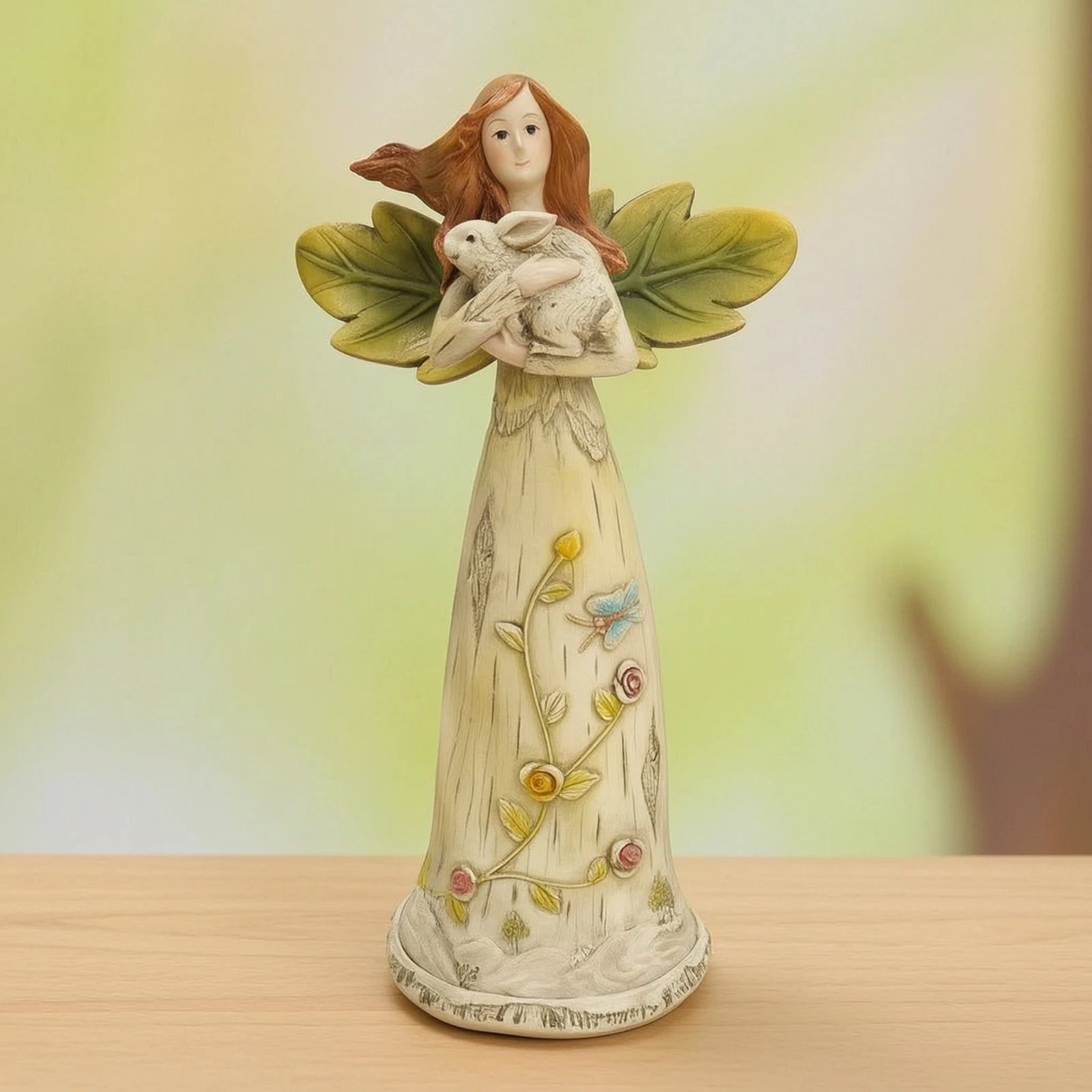 Angel Figurine with Rabbit Forest Angel Figurine Sculpture Detailed Decorative Accent Cute for Collector, Shelf, Entryway view 5