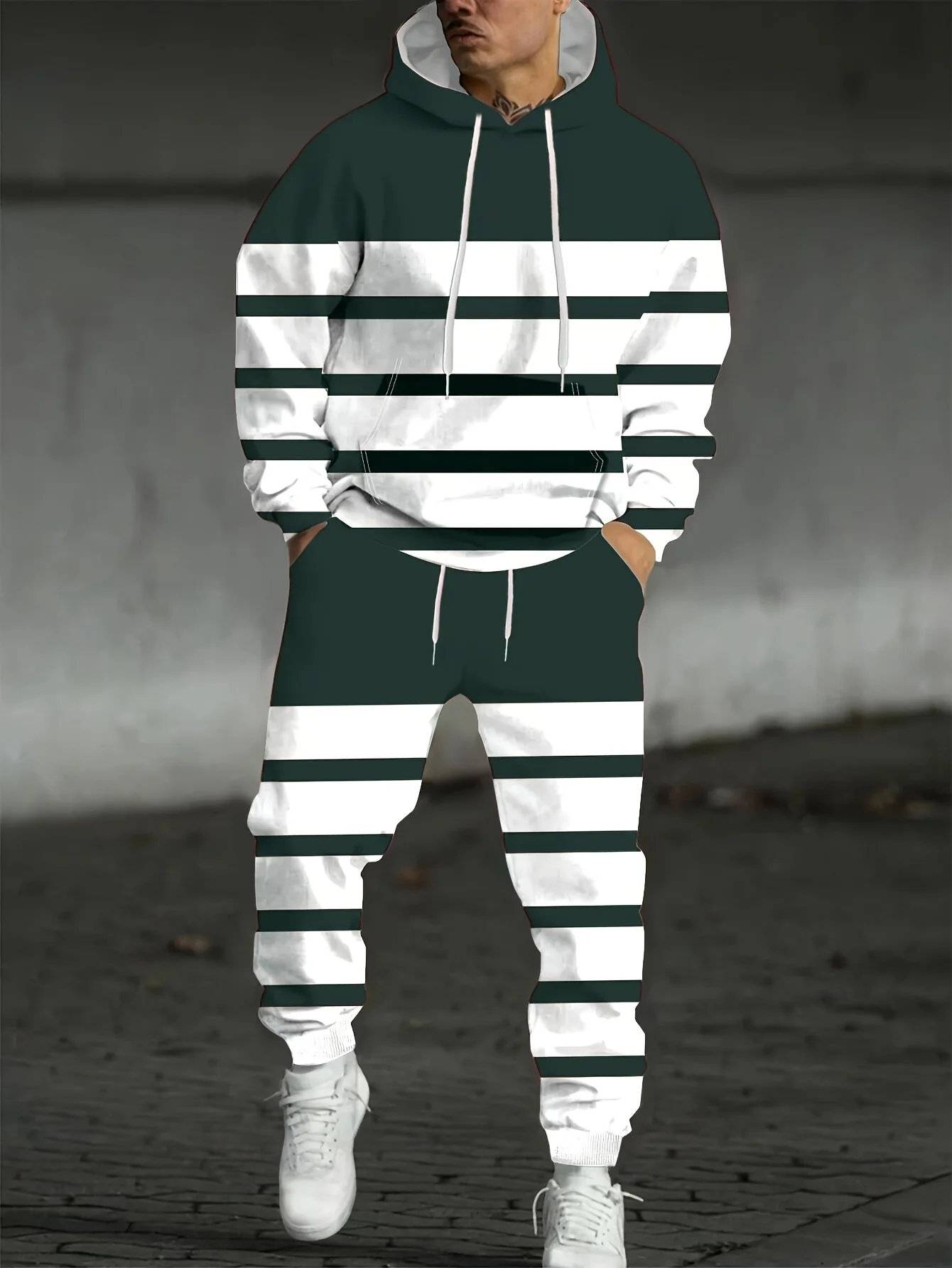 Herfst Gestreepte 3D Gedrukt Hoodie Pak Mannen Sweatshirts Hoodies Joggingbroek Casual Mode Tweedelige Trainingspak Set Man Kleding
