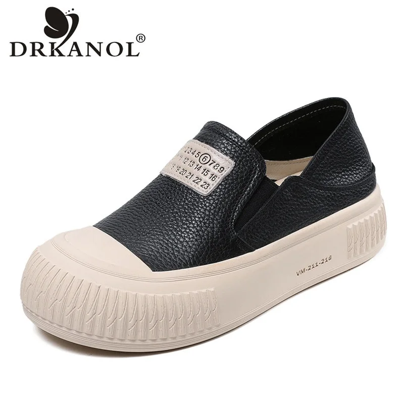 DRKANOL 2024 Women Loafers Chunky Platform Slip On flat Shoes Comfort Thick Bottom Genuine Leather Academic Style Casual Loafers