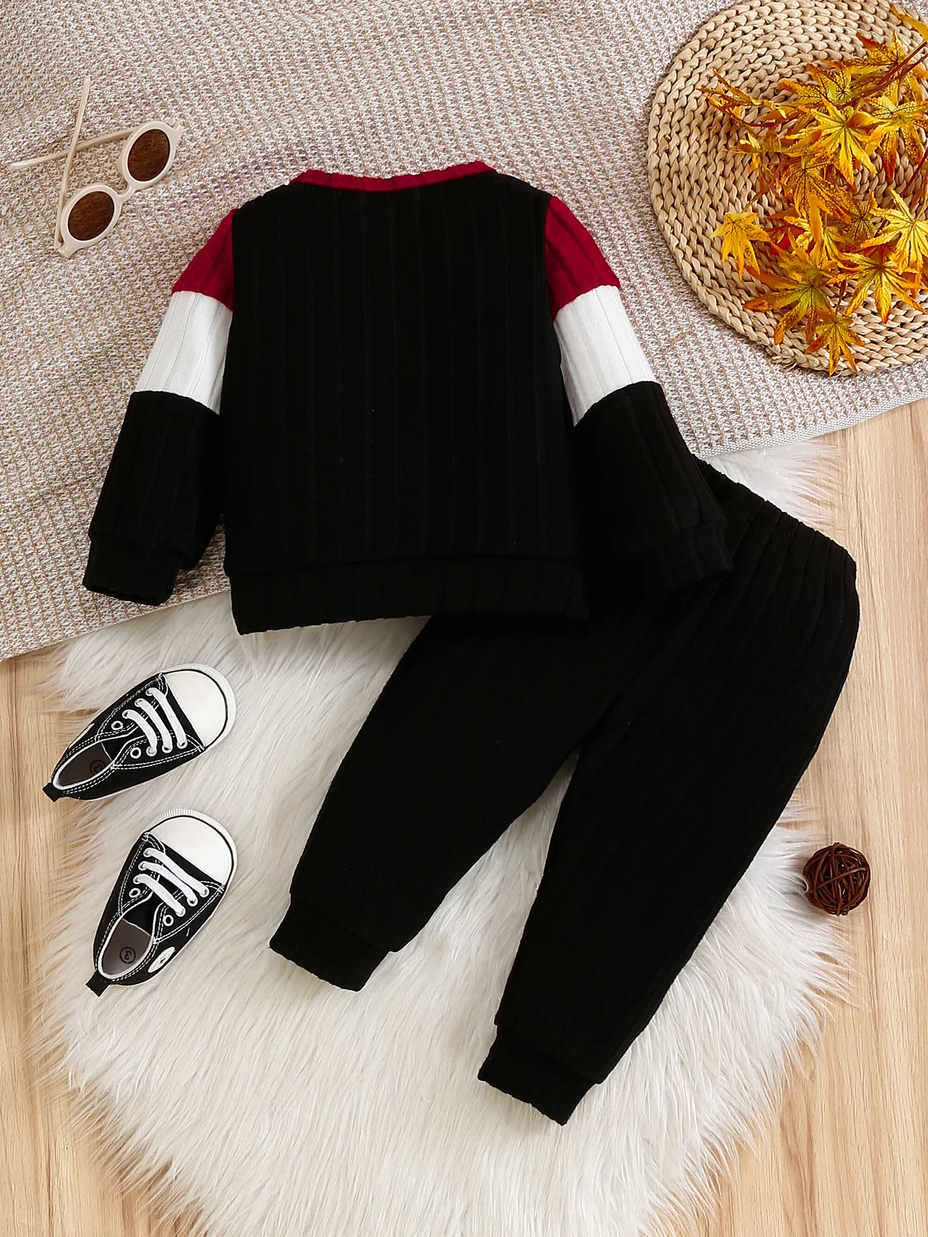 Toddler Baby 6M-3Y Color Block Sweater Outfit Red White Black Striped Long Sleeve Knit Top Black Knit Pants 2Pcs Fall Clothing S