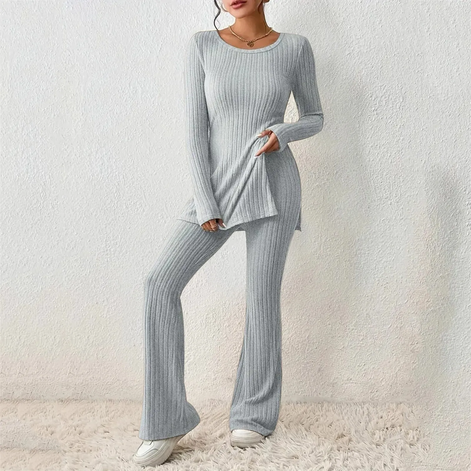 

2024 Autumn Winter Knitted 2 Piece Suits Women Long Sleeve Ribbed Slit Long Top And High Waist Pencil Pants Set Fashion Outfits