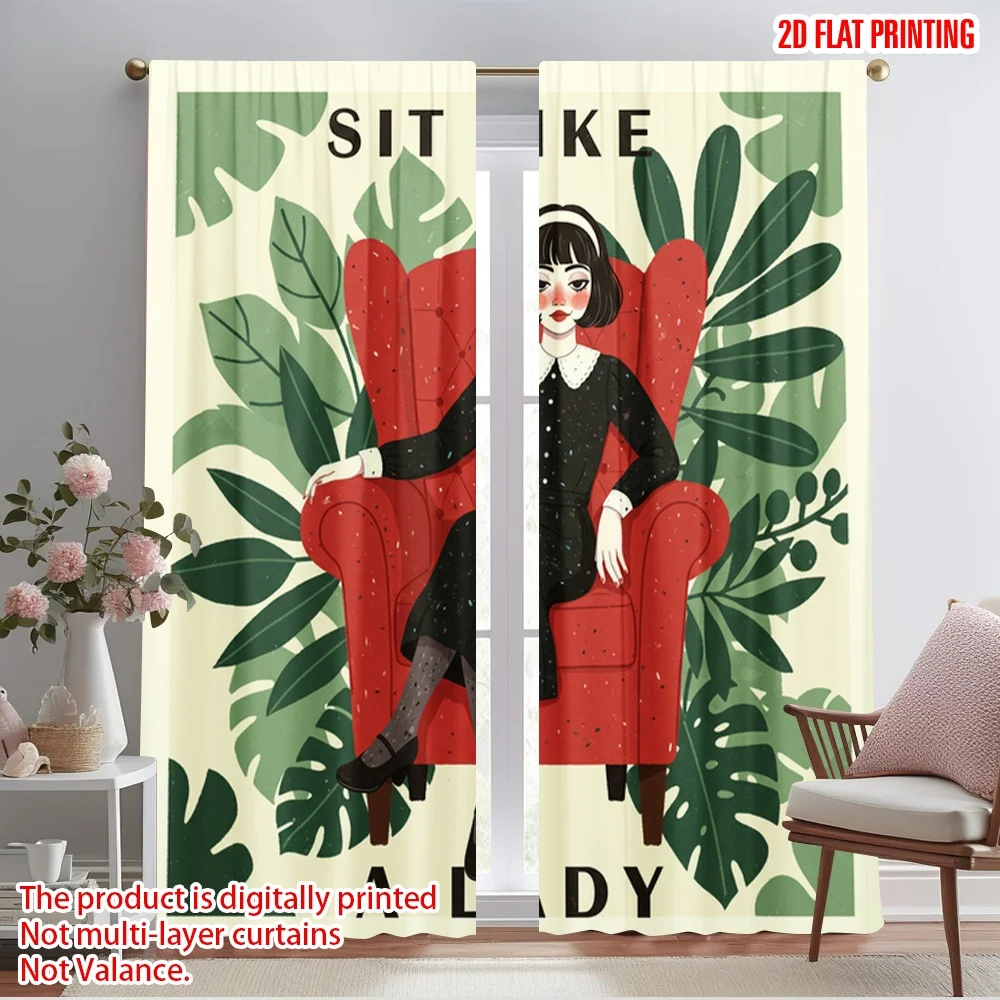 

2pcs 2D flat printing Window Curtains Sit Like A Lady Polyester Without Electricity Party Decorations Perfect for Outdoor