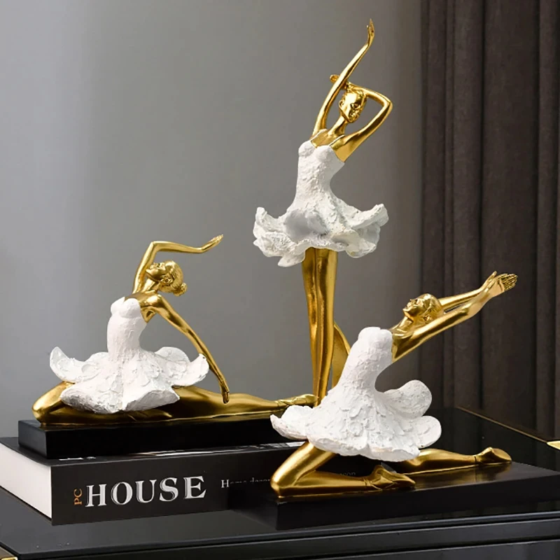 Escultura de resina europea para niña, Ballet dorado, knick-knacks, estantería para sala de estar, artesanía de personajes para habitación de niños, regalos de decoración