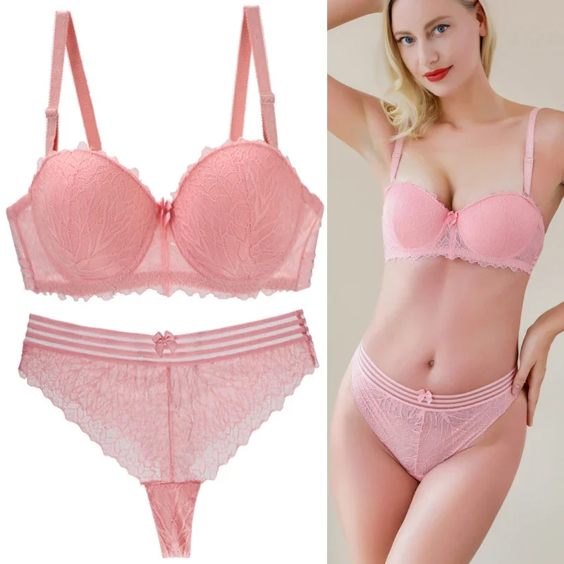 WENLI Sexy Lace Floral Women Push Up Underwear  ABCDE Lingerie Girlish Feeling Bra Set Cute Lace with Slight Transparency