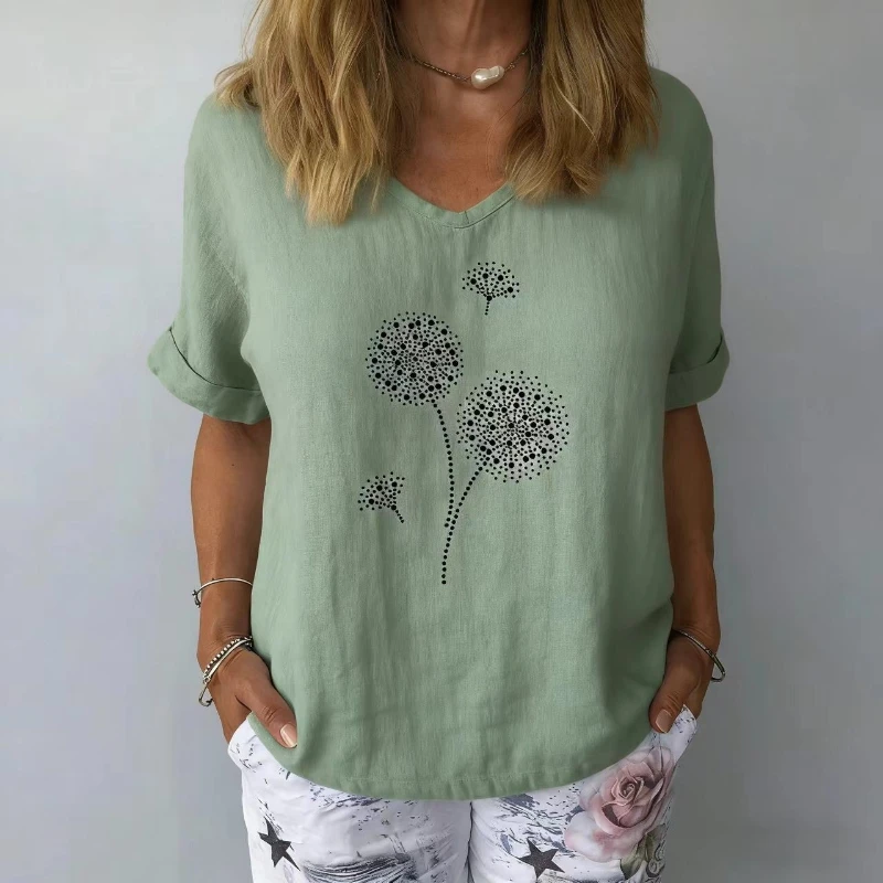 2026 New Summer Cotton Linen Tee Short Sleeved Loose Casual Comfortable Lightweight Dandelion Print V-neck Women's Top T-shirt