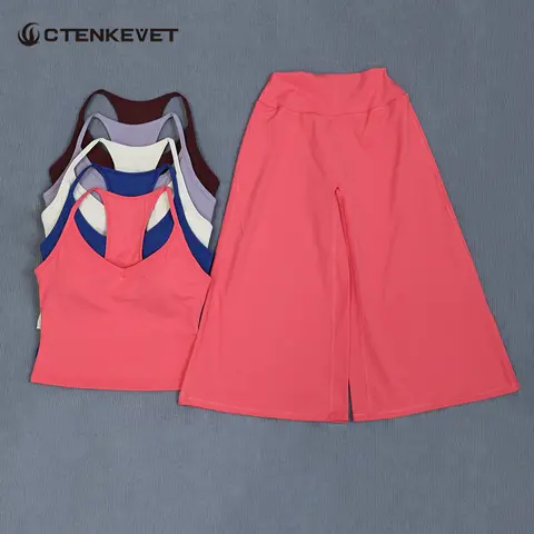 Ctenkevet Gym Suit 2Pcs Women Backless Push-Up Shock Proof Sports Top High Waist Wide Leg Casual Capri Quick Dry Fitness Set