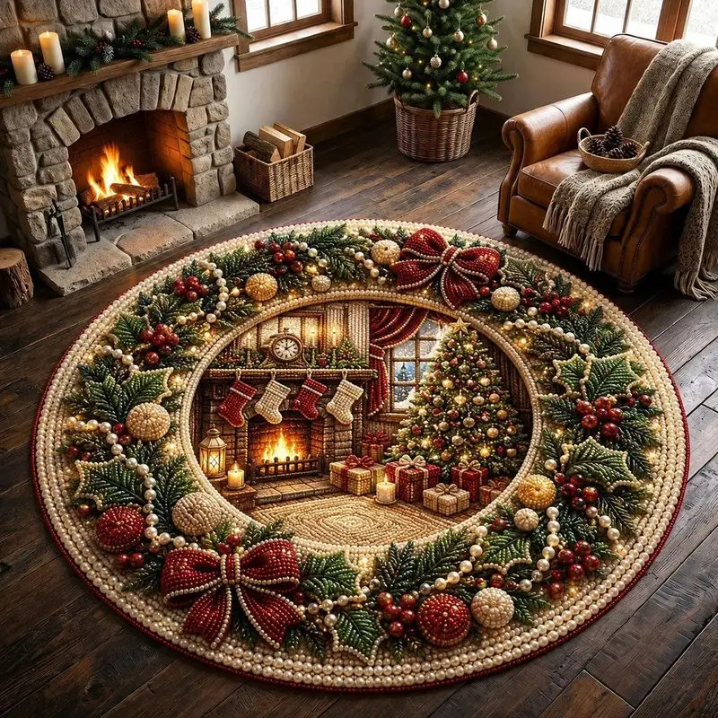 VIKAMA Christmas 3D Vortex Santa Sleigh Village Circular Area Rug Short Pile Non Slip Soft Carpet Home Floor Cover Non Shedding