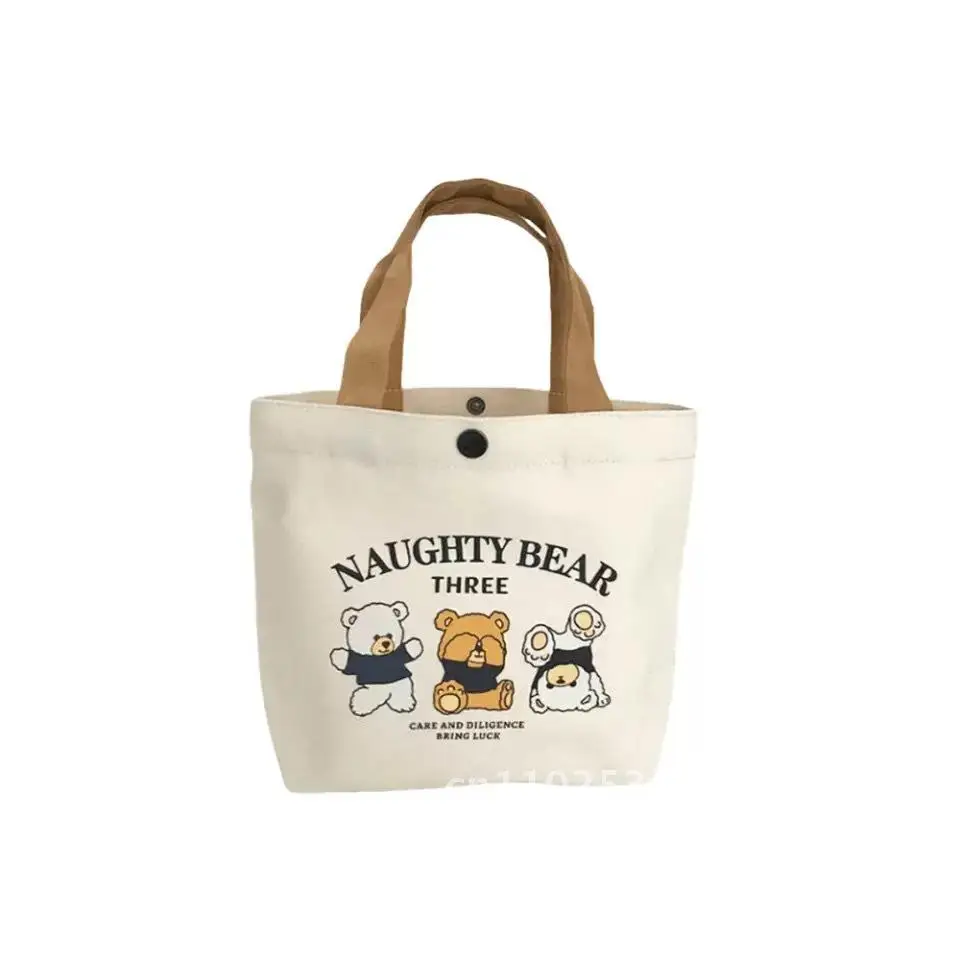 

Portable Bear Canvas Handbag Multi-purpose Pocket Lunch Bag for Female Students And Girls Polyester Clutch Style Storage Bag