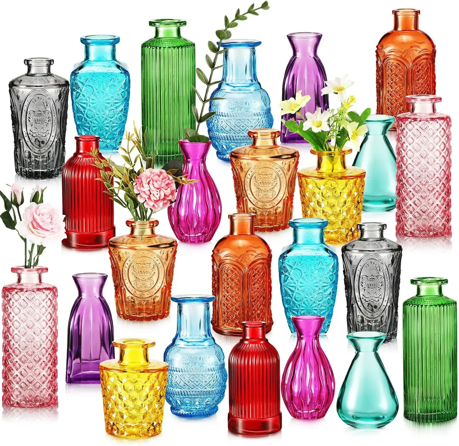 USA 24 Pieces Colored Small Vases Decorative Glass Bud Vases Rustic Embossed Colorful Vases Vintage Glass Bottles 12 Styles