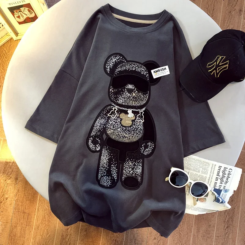 Korean Women Clothing Summer New Animal Pattern Streetwear Fashion Rhinestone Chain O-neck Casual Loose Y2k Top