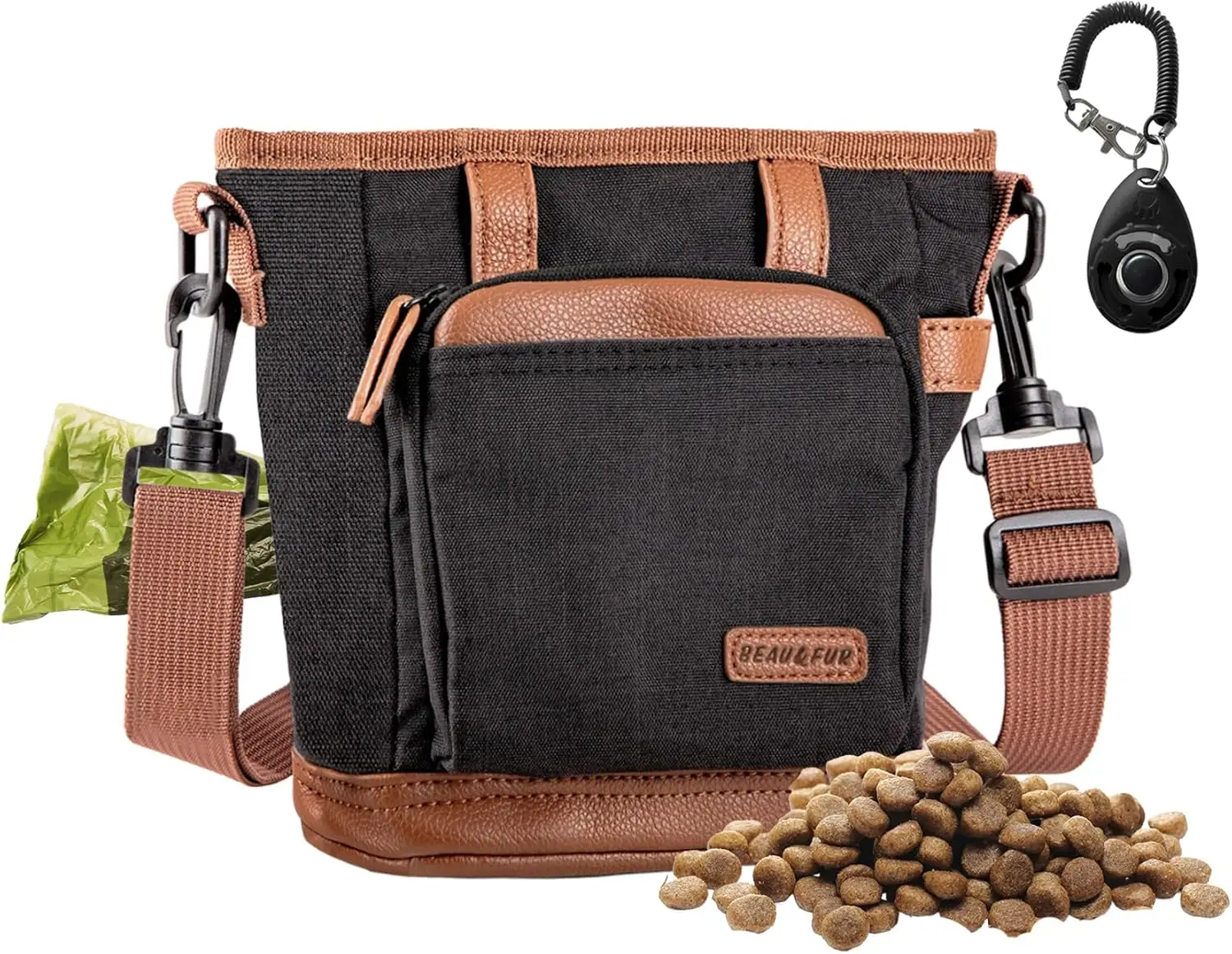 

Large Dog Training Pouch with Clicker, 4 Cup Capacity, Built-In Poop Bag Dispenser, Expandable Pocket, Metal Buckle - Black