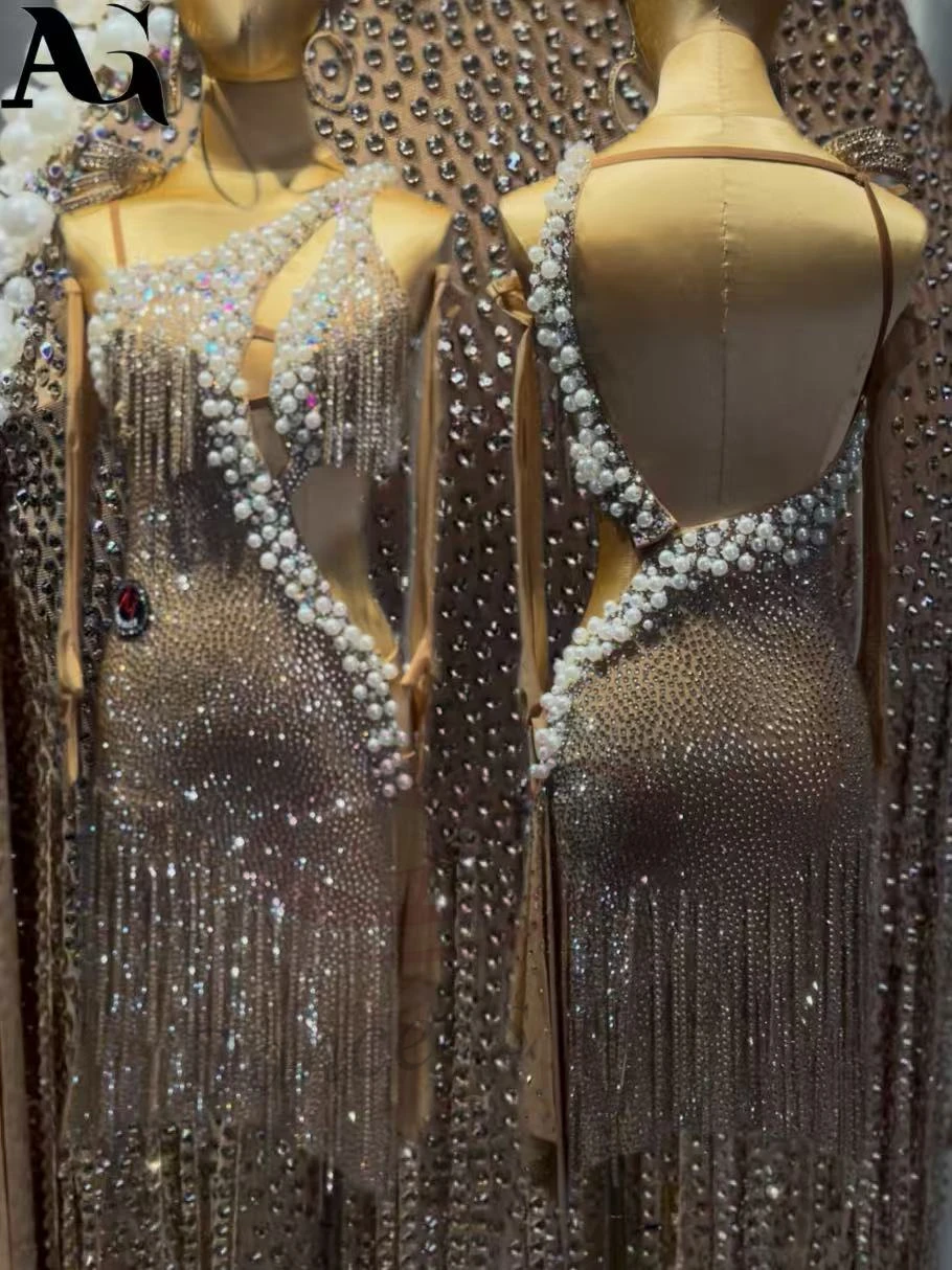 

Latin Dancer Adult Children High-End Customized Large Pearl Diamond Stripe Tassel Samba AB Stone Performance Dress