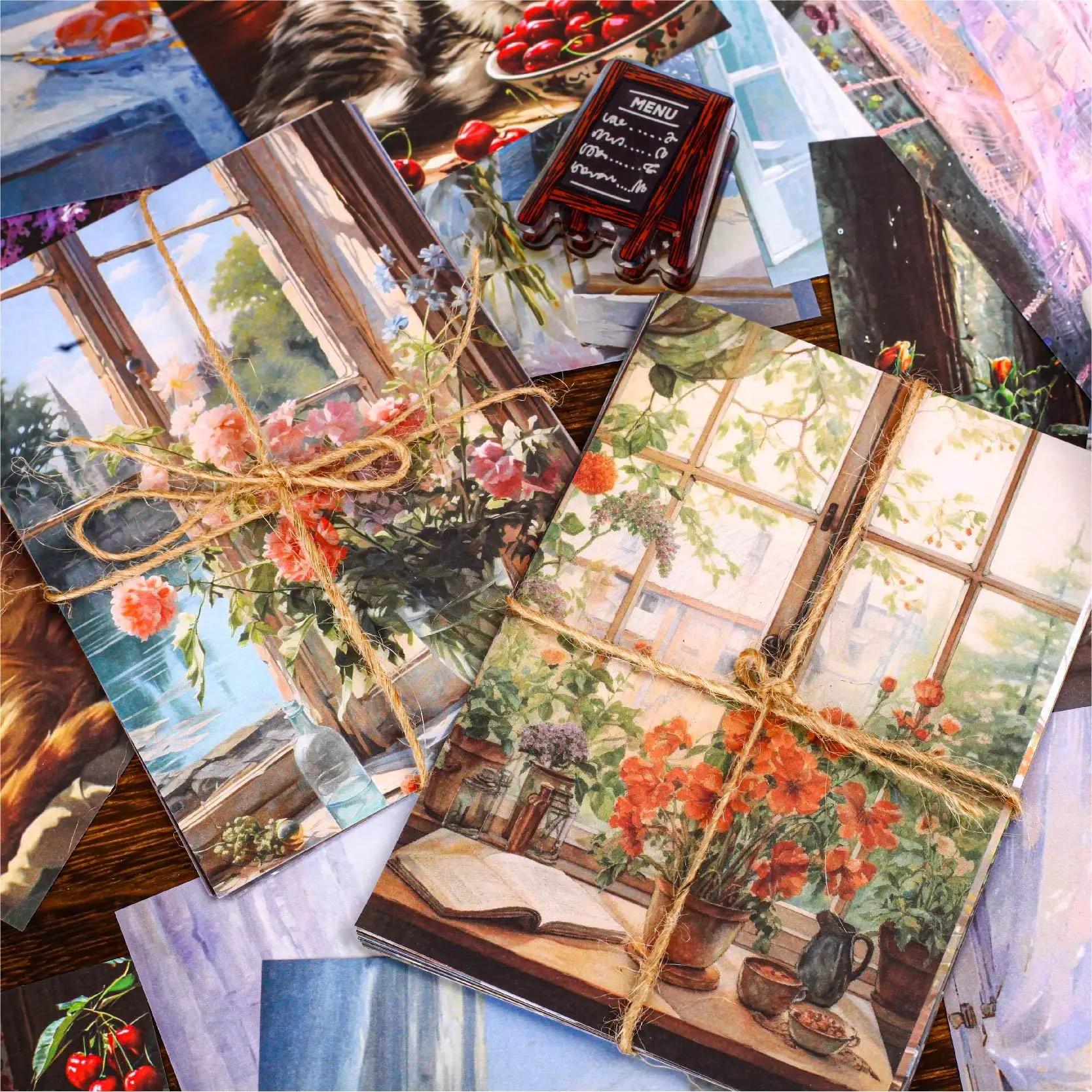 นอกหน้าต่าง Series Vintage ดอกไม้ภูมิทัศน์ทะเลวัสดุกระดาษสร้างสรรค์ DIY ขยะ Journal Collage สมุดภาพเครื่องเขียน