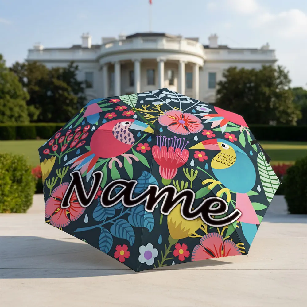 Custom Name umbrella, Colorful Bird Floral Umbrella Fashion Folding Umbrella for Sunny and Rainy Days, Christmas Gift