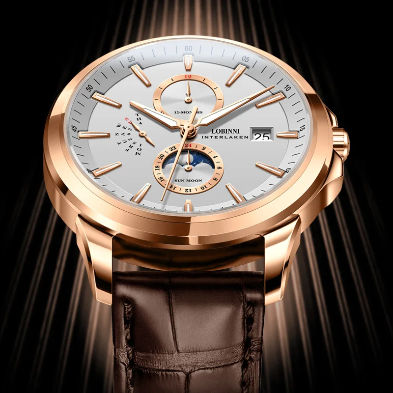 LOBINNI 2025, nuevo diseño, pantalla del mes de fin de semana, puntero luminoso, fecha, relojes de pulsera automáticos para hombres con correa de cuero