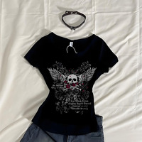 Indie Graphic Print Short Sleeve Tee Women 2000s Aesthetic Mall Goth E-girl Gothic T-shirt Retro Y2K Grunge Skull Wing Crop Tops