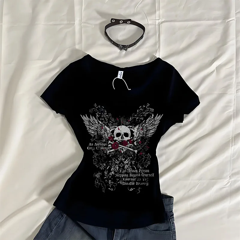 Indie Graphic Print Short Sleeve Tee Women 2000s Aesthetic Mall Goth E-girl Gothic T-shirt Retro Y2K Grunge Skull Wing Crop Tops