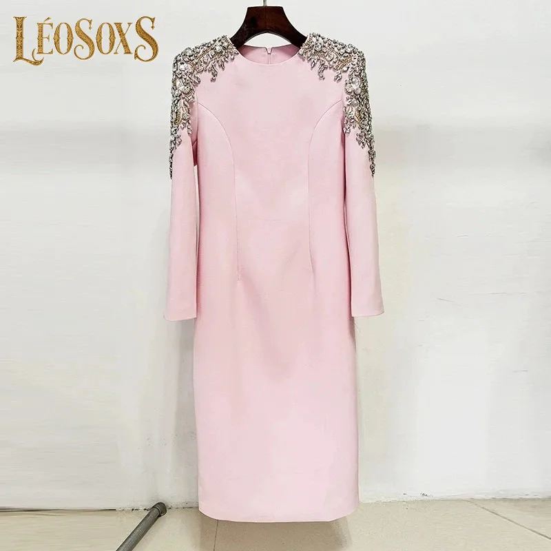 LEOSOXSNew Fashionable Commuter Mingyuan Heavy Industry Nail Bead Inlaid Diamond Women's Long Sleeve Slimming Medium Length Dres
