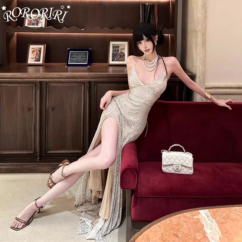 

RORORIRI сексуальное платье-бретелька с v-образным вырезом и пайетками, женское тонкое эластичное облегающее платье с открытой спиной и бретелями, драпированное длинное платье с разрезом, вечернее платье
