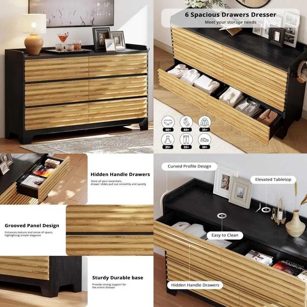 fluted 6-drawer dresser for bedroom with 3 hooks, 59