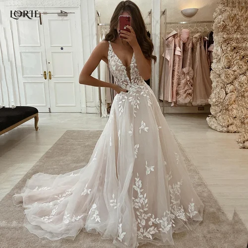 LORIE vestidos de novia elegantes de encaje bohemio, apliques de cuello en V de corte bajo, vestidos de novia de princesa con tirantes finos, vestido de novia personalizado
