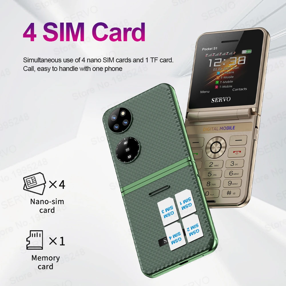 SERVO Pocket S1 4 SIM Card Fold Telefone Móvel Speed Dial GSM Magic Voice Lanterna Gravação de Chamadas MP4 Textura FM Celulares