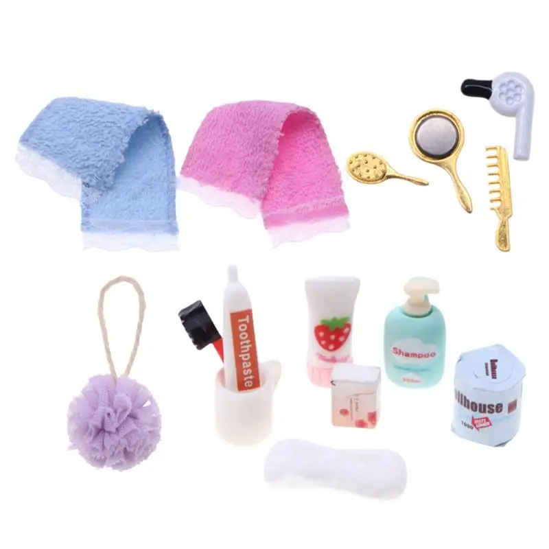 Doll House Bathroom Accessories Miniature Bathroom Vanity Accessories 1:12 Hair Dryer Toothbrush Toothpaste Comb Set for Doll