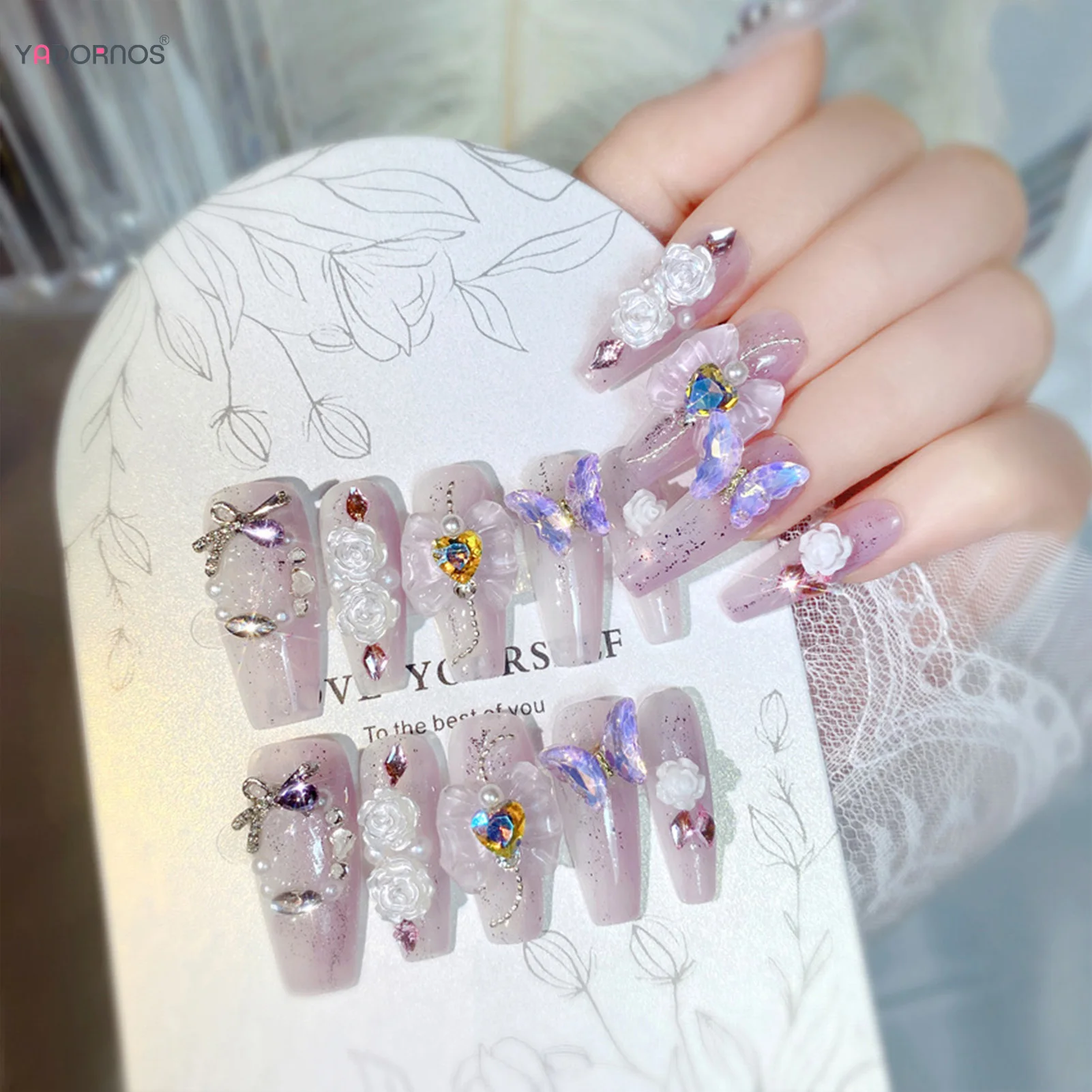Uñas postizas de color púrpura claro hechas a mano para mujer, decoración de flores con lazo de mariposa, bailarina larga, manicura usable para fiesta diaria