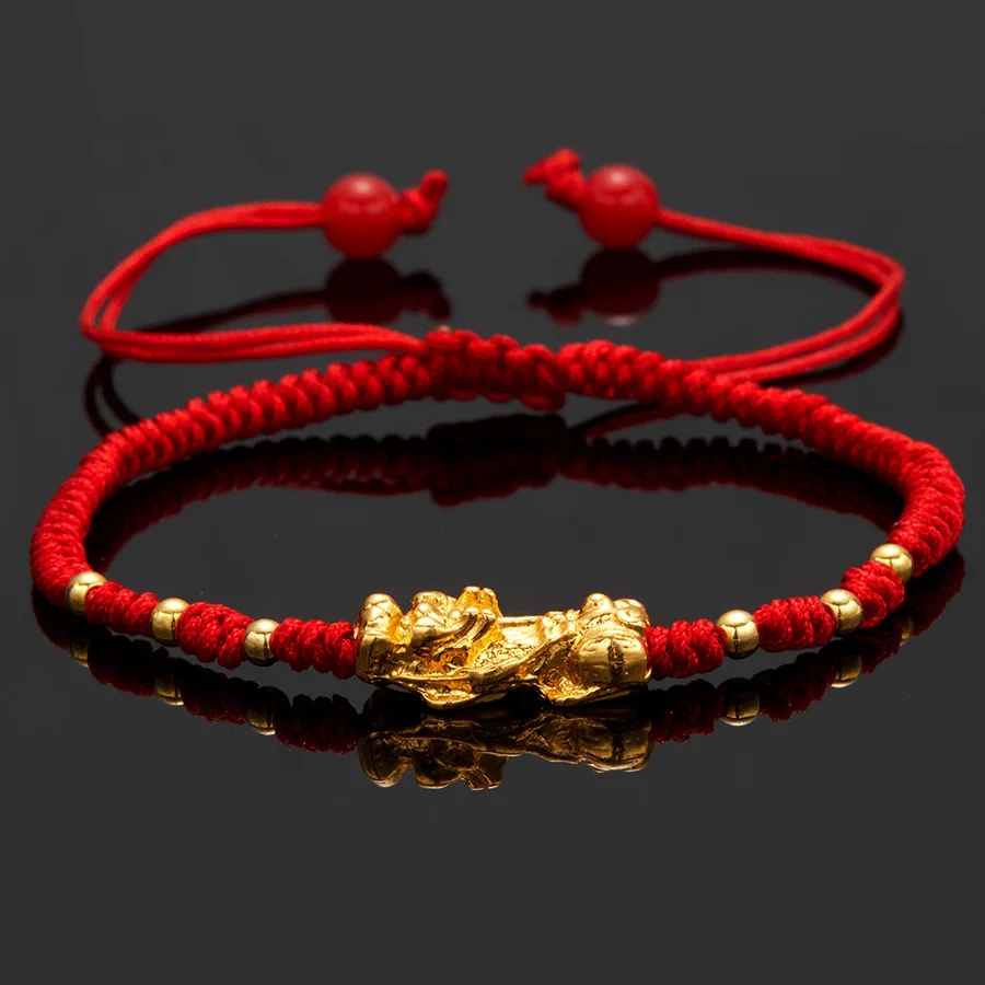 Handmade Braided Lucky Red Black Rope Gold Color Pixiu Bracelets for Lover Buddhist Luck Knots Wristband Health Bracelet Jewelry