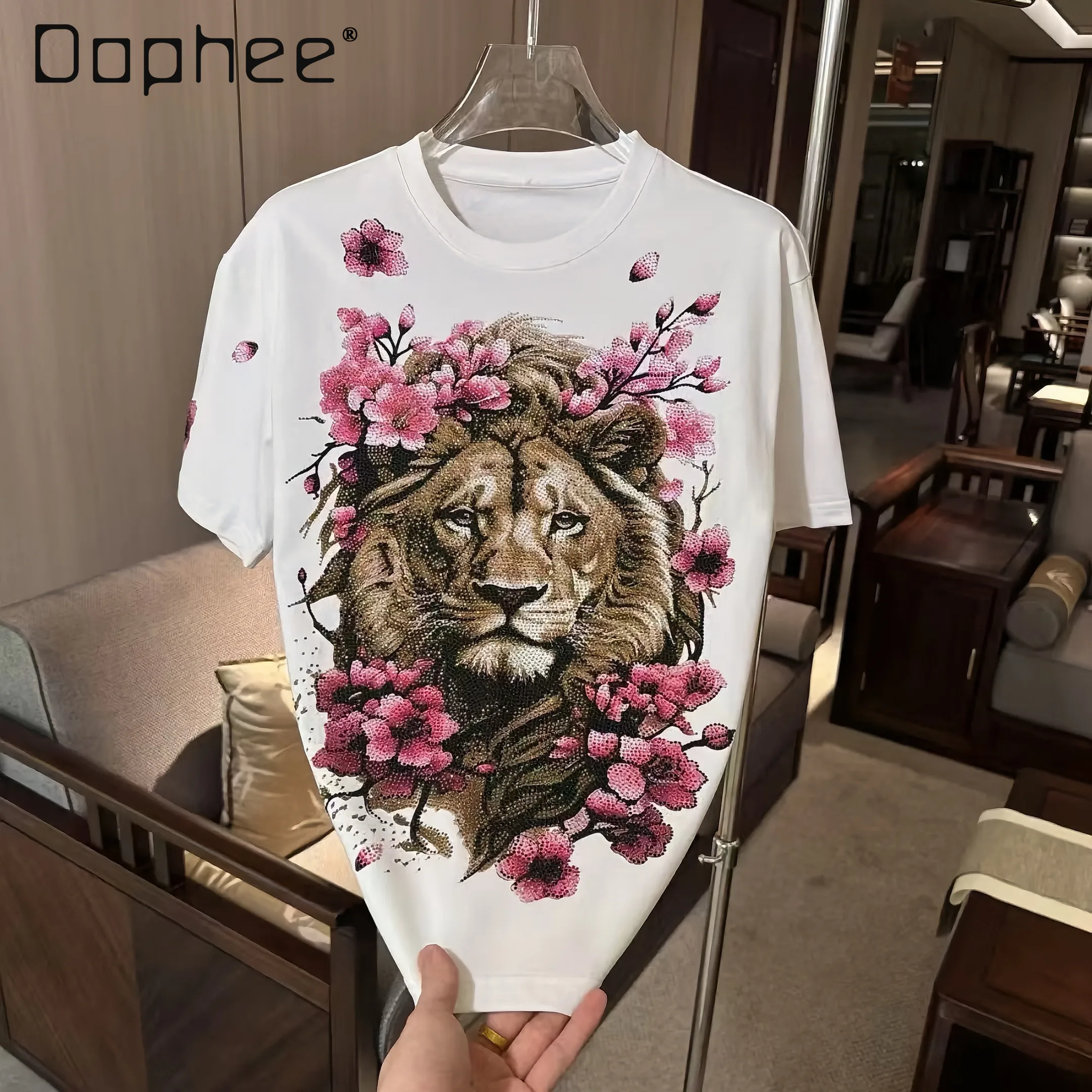 2026 Summer New Cool and Stylish Lion Head Rhinestone Men's Loose Casual Black White Pink Round Neck Short Sleeve T-Shirt