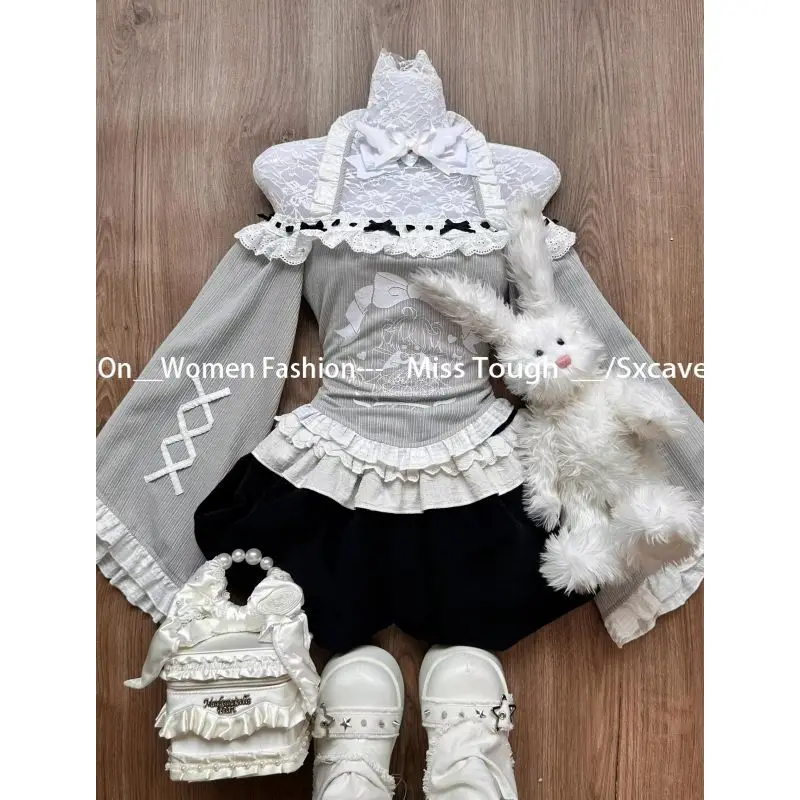 Japanese Kawaii Lolita Suits Female Casual Vintage Y2k 2 Piece Skirt Sets Evening Party Clothing Long Sleeve Sweater Chic