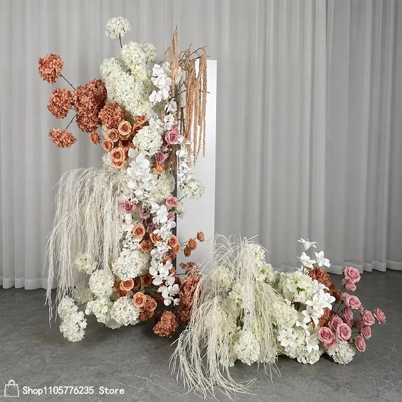 5D Künstliche Terrakotta Weiße Hortensie Hochzeitsblumenarrangement Taupe Rosa Rose Mit Orchidee Blumenhintergrund Bühnendekoration für Veranstaltungen – Detail 2