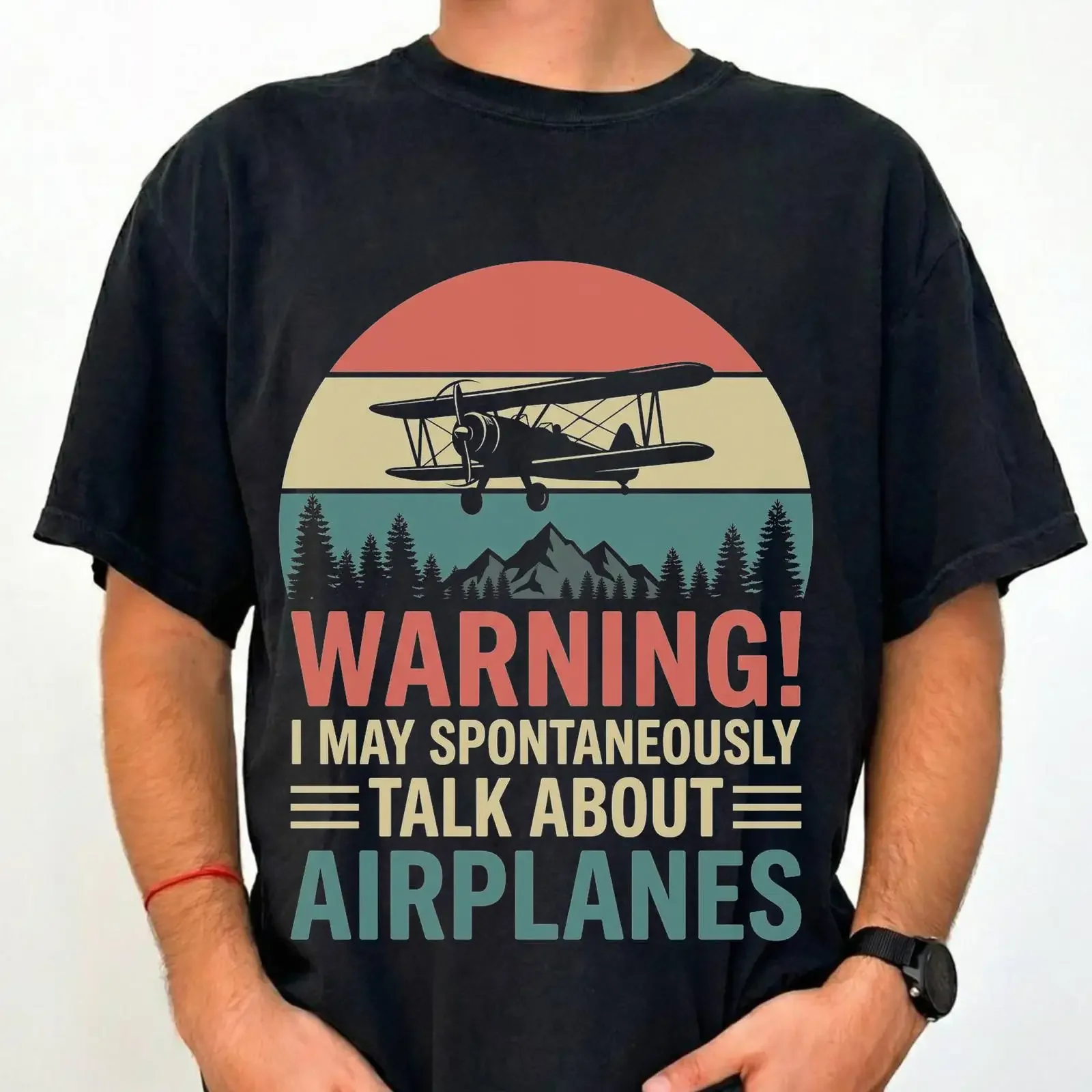 Vintage Warning I May Spontaneously Talk About Airplanes T shirt Funny Retro Biplane for Pilot Aviation Flight Enthusiast homme