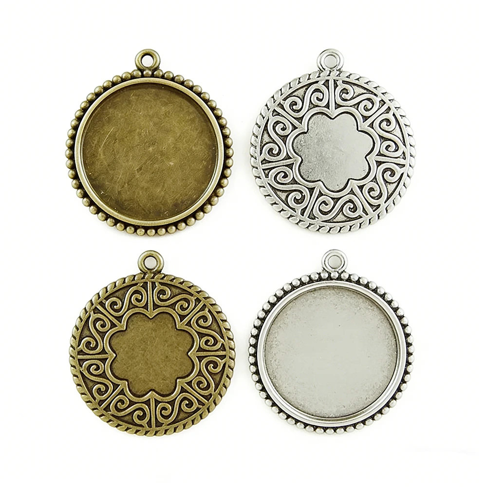 

10pcs/lot 25mm Inner Size Round Vintage Engraved Flowers Cabochon Tray Base DIY Necklace Pendant Jewelry Accessories wholesale