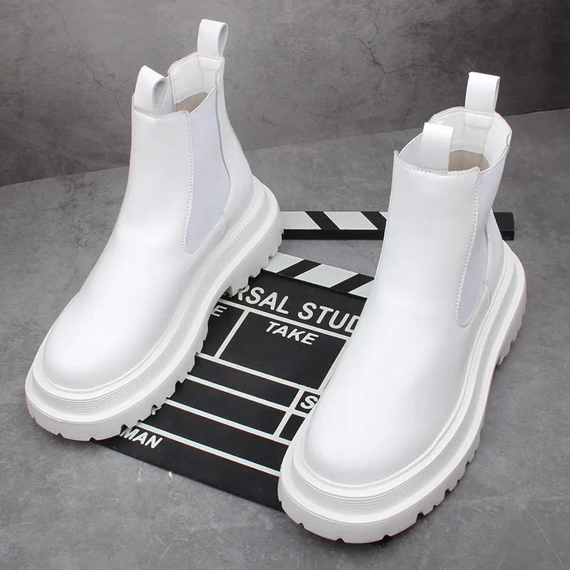 

British style men fashion punk stage natural leather boots black white platform shoes cowboy autumn winter boot chelsea botas