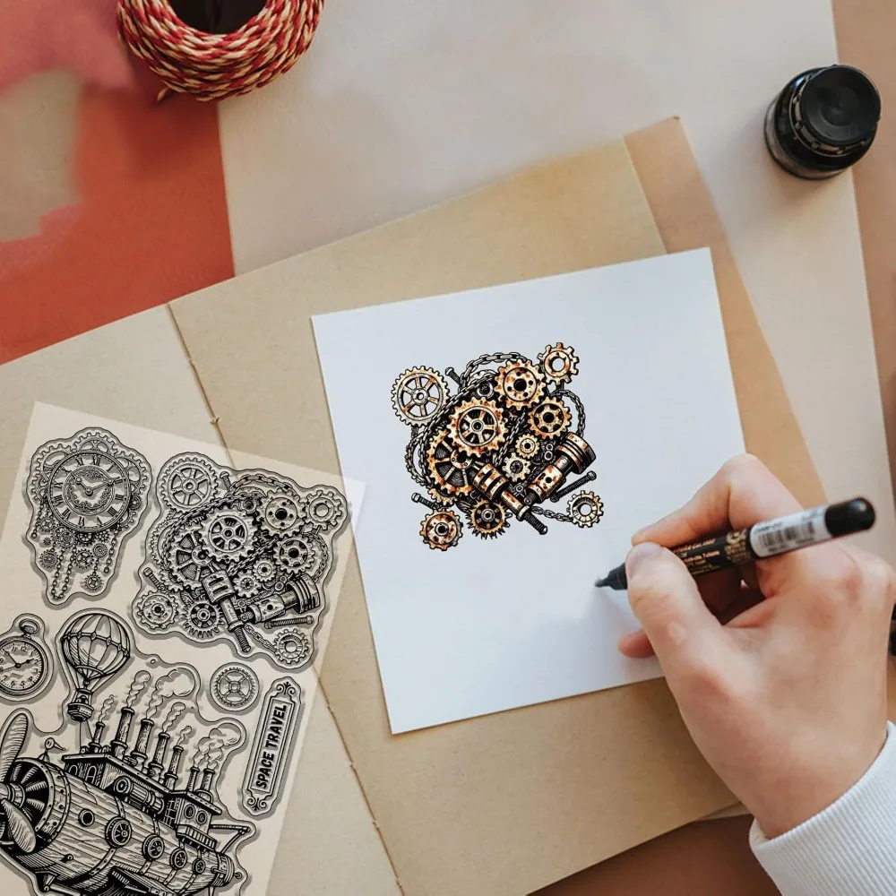1PC Vintage Steampunk Spaceship Gears Clear Stamps Mechanical Clock Transparent Stamps Hot Air Balloon Stamp
