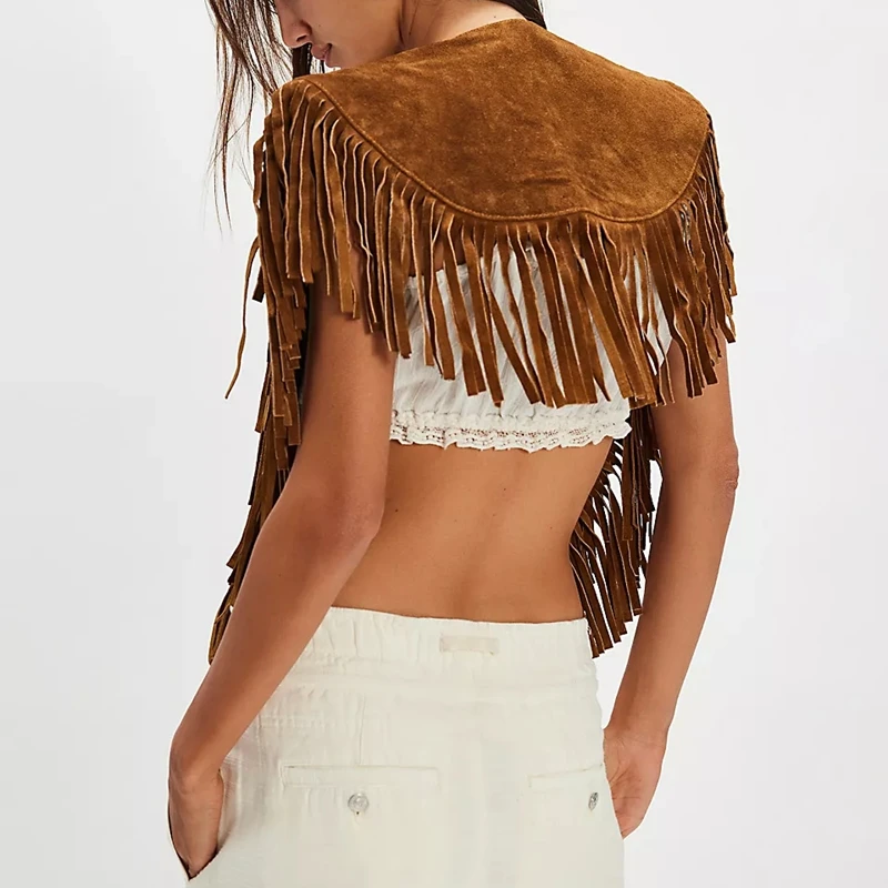 

Women Y2K Vintage Suede Tassel Hem Vest Western 70s Hippie Outfits Sleeveless Open Front Cropped Coats Streetwear