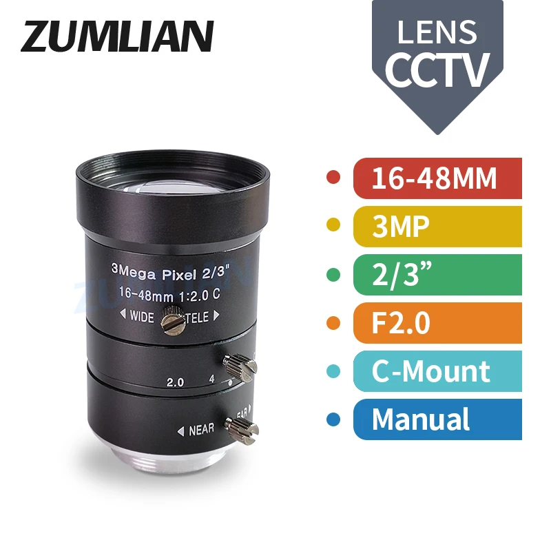 

ZUMLIAN 16-48 мм варифокальный объектив 2/3 дюйма C Mount CCTV Lens F2.0 ручной 3MP промышленный для камер видеонаблюдения