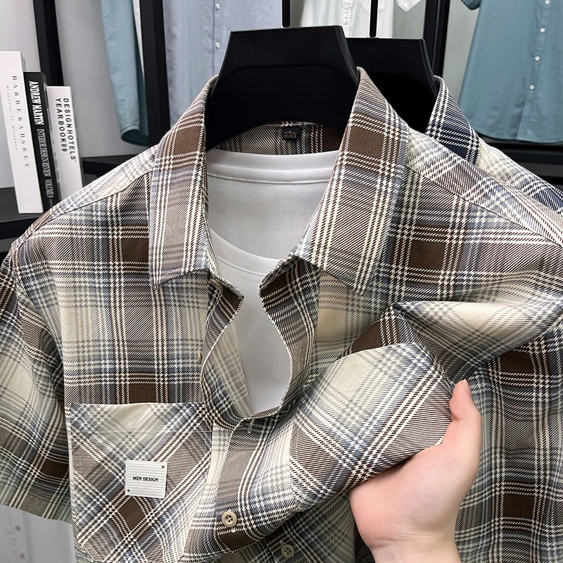 100% cotton luxury brand short sleeve men's shirt fashion pocket decoration casual checkered print youth summer comfort new top