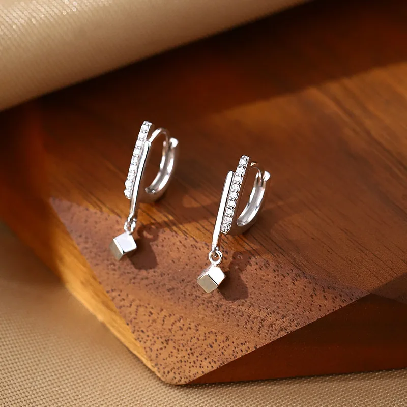 925 Sterling Silver Luxury Zircon Statement Cube Charms Drop Earring for Women Fashion European Huggies Party Dangle Jewelry
