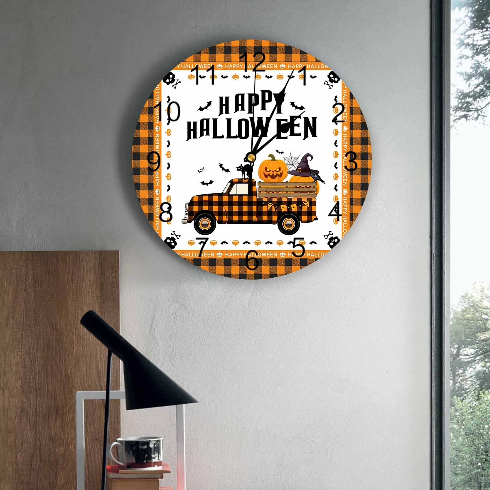 

Настенные часы для спальни, Хэллоуин, черный кот, грузовик, часы для гостиной, украшения, детская комната, кабинет, бесшумные настенные часы