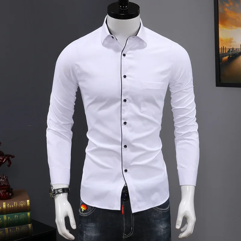 White Shirt Men\'s Long Sleeve Business Dress Spring and Autumn Anti-Wrinkle Casual Blue and Black Button Men\'s Suit Shirt