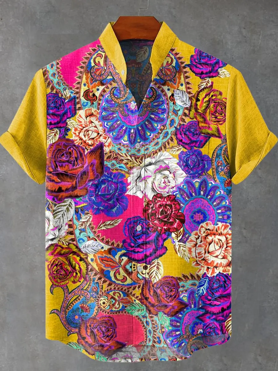 Hawaiian Men's Short Sleeve Shirt 3D Cat Printed Plant and Flower Pattern, Holiday Party Shirt, New Collection