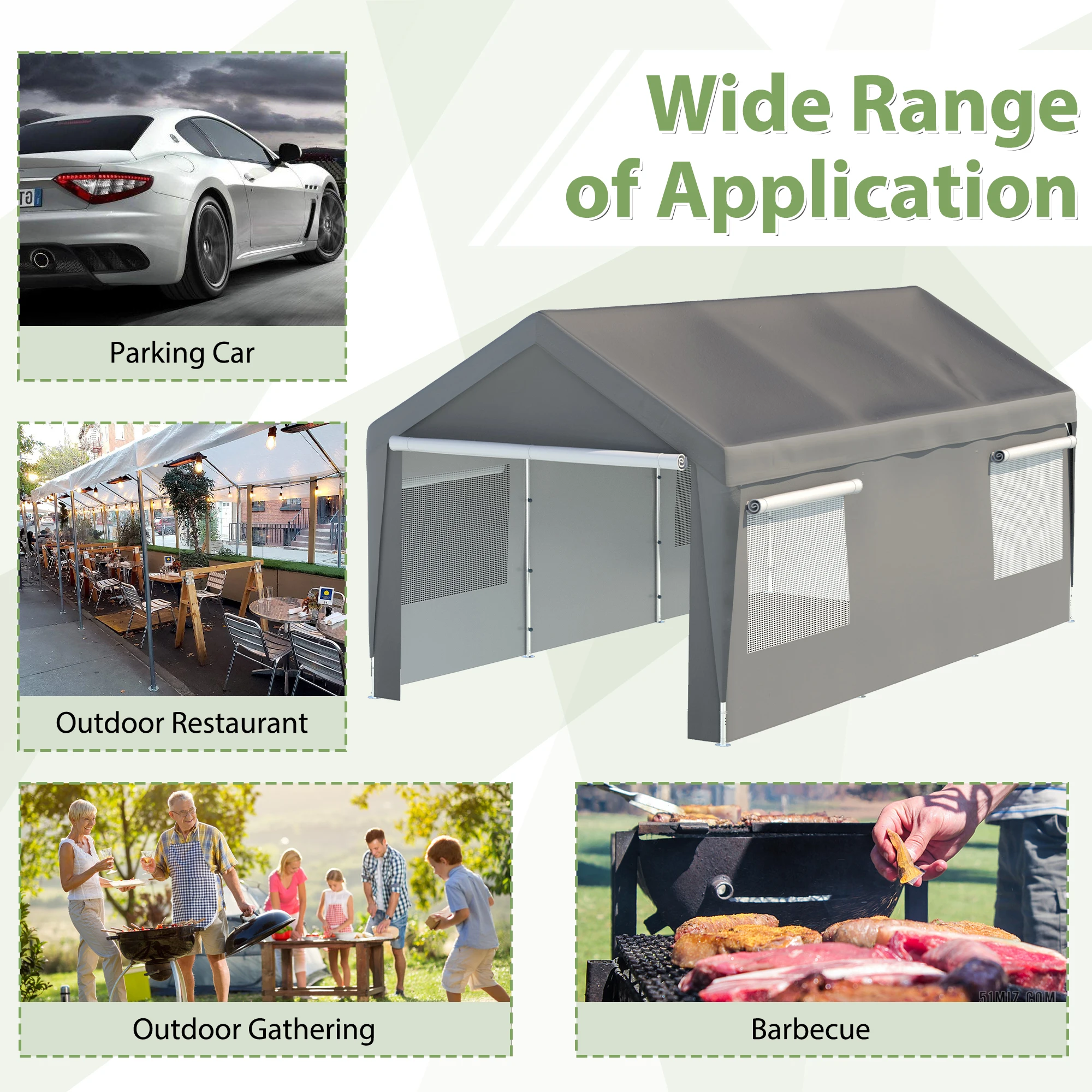 

10x20 Heavy Duty Steel Canopy Tent with Roll-up Ventilated Windows, Garage Carport with Removable Sidewall & Doors, Gray Shade