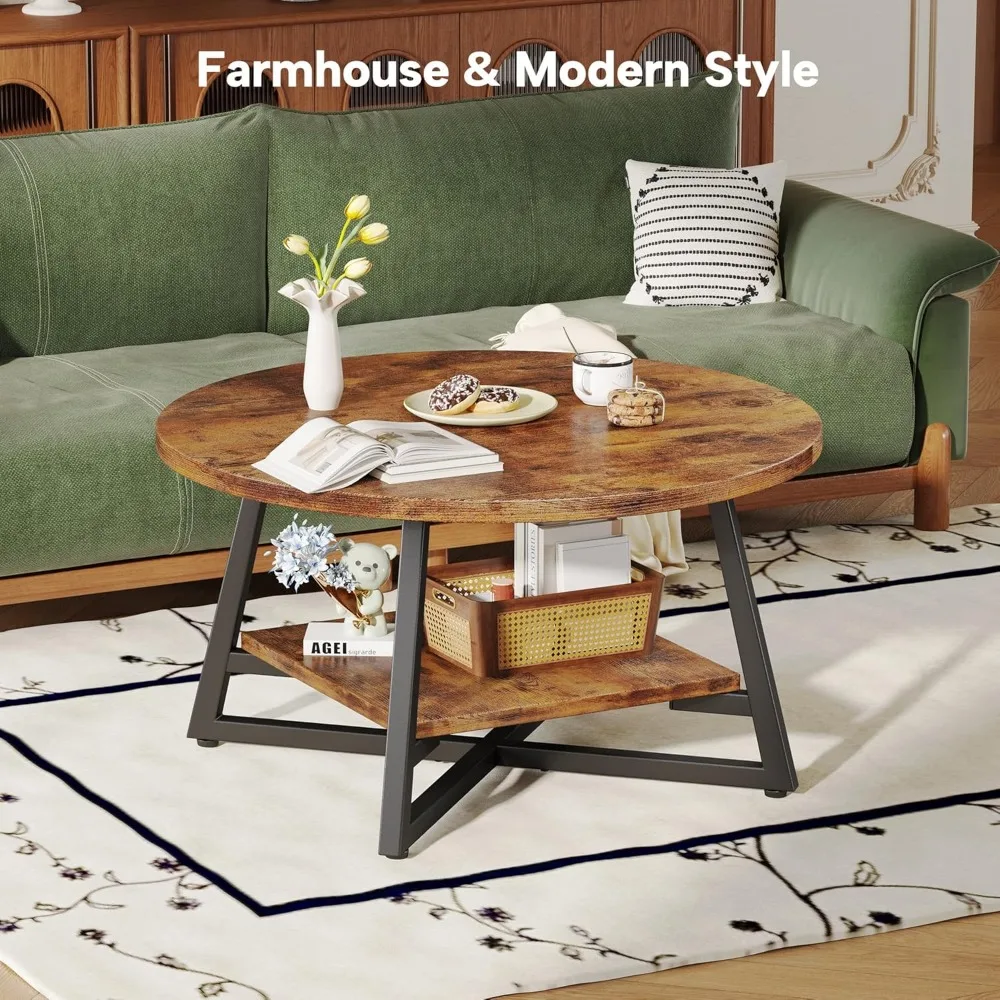 Table basse ronde avec rangement, table centrale moderne en bois pour salon et bureau à domicile, design peu encombrant