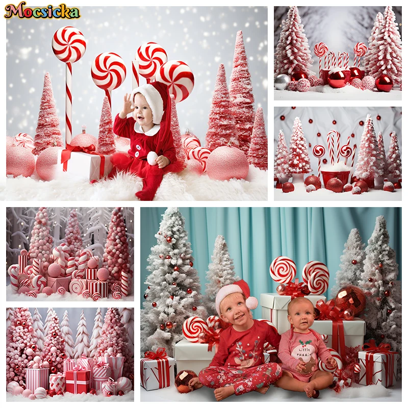 Mocsicka Christmas Party Photography Background Pink Tree Candy Lollipop Gift Snowflake Outdoor Decoration Backdrop Props Studio