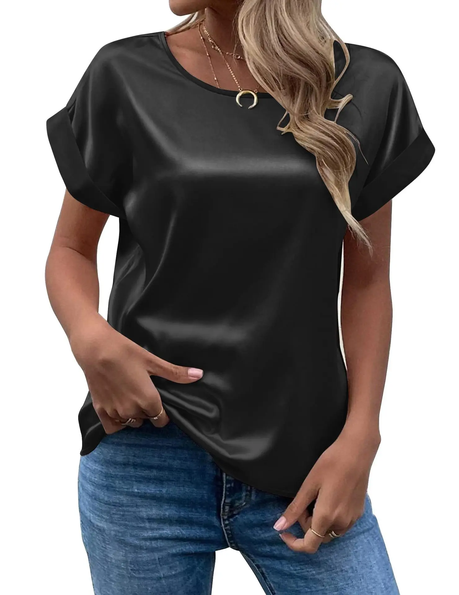 Spring and Summer New Women's Short Sleeve Satin Shirt Loose Casual Round Neck Colored Ding T-shirt Women