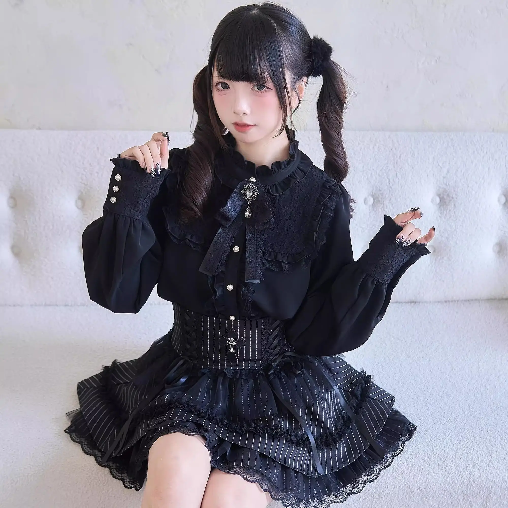 Sweet Cool Slim Off Shoulder Suit Women's Japanese Lovely Lace Blouse New Kawaii Black Short Skirt Fashion Vintage Lolita Set
